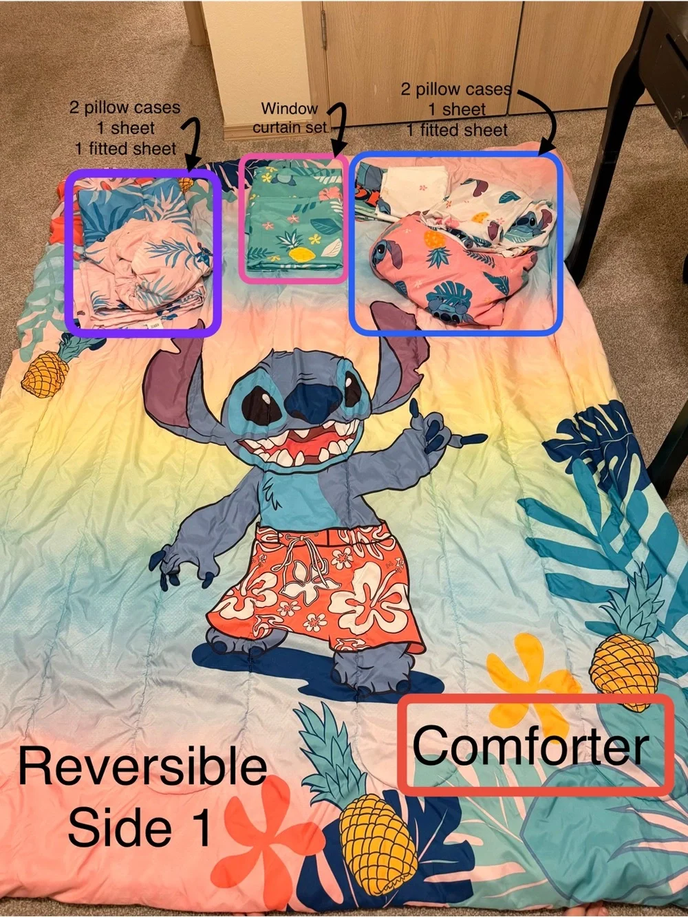 Disney Stitch Tropical Pineapple Comforter - Blue, Pink, Yellow, Green